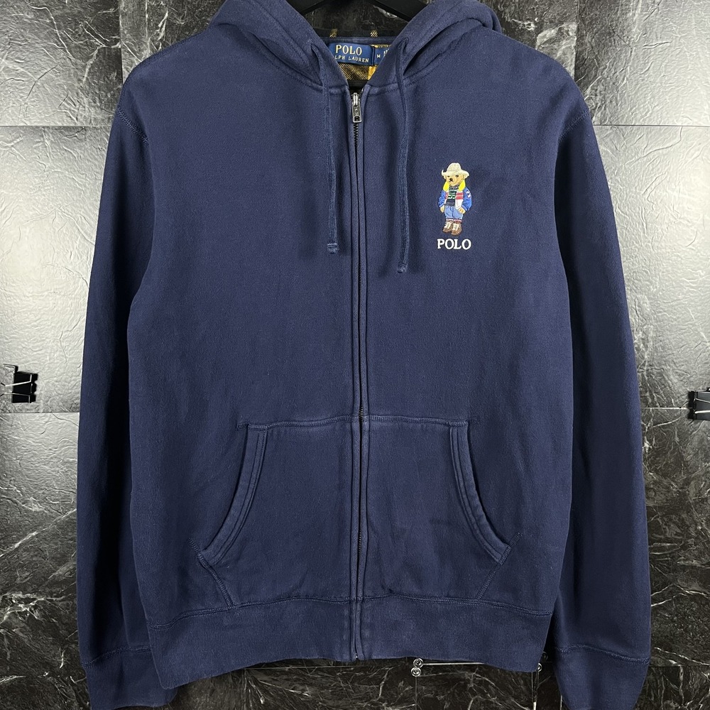 Polo Ralph Lauren Men's Blue Cowboy Polo Bear Zip Hoodie Medium -Flaws